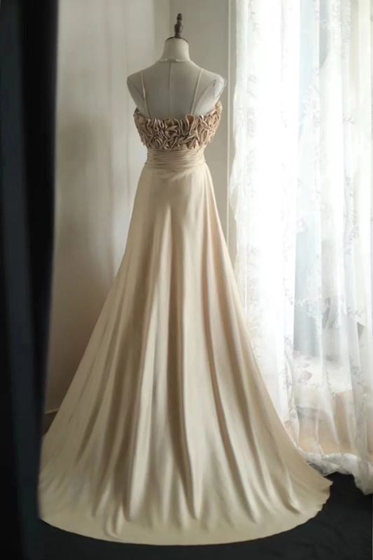 Champagne-colored halter-neck floral neckline satin long ball gown R6842