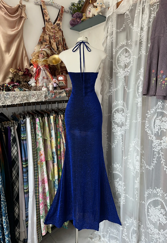 Royal blue halter-neck, fitted, bodycon fishtail gown, prom dress R6363