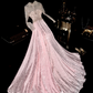 Pink beaded fitted long ball gown with a cinched waist, exuding elegance and fairy-like charm R6963