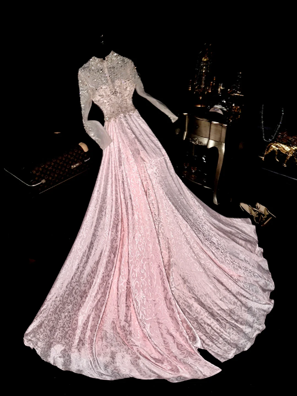 Pink beaded fitted long ball gown with a cinched waist, exuding elegance and fairy-like charm R6963