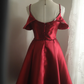 Red halter-neck, ruffled neckline, fitted waist, short ball gown R6724