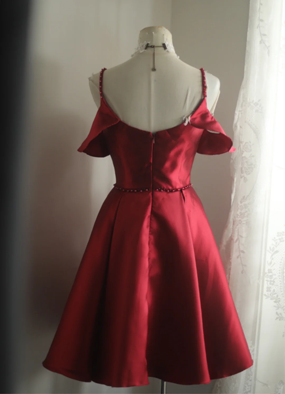Red halter-neck, ruffled neckline, fitted waist, short ball gown R6724