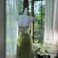 Green halter-neck, fitted waist, cutout sexy midi-length ball gown R7639