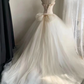 Tea-colored strapless waist-cinching ruched white ballgown long prom dress R7950