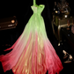 Light green to pink gradient one-shoulder fitted waist long ball gown R7003