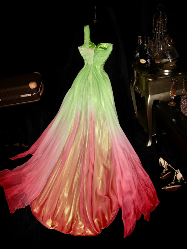 Light green to pink gradient one-shoulder fitted waist long ball gown R7003