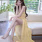 Yellow strapless fitted waist bodycon sexy ball gown R7083