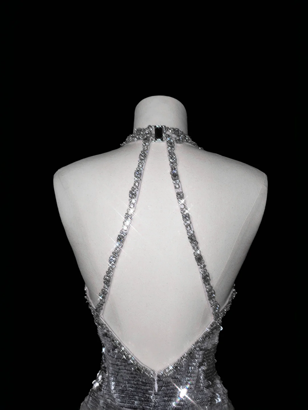 Silver sequined halter neck slim waist hip-hugging maxi skirt, prom dress R5688