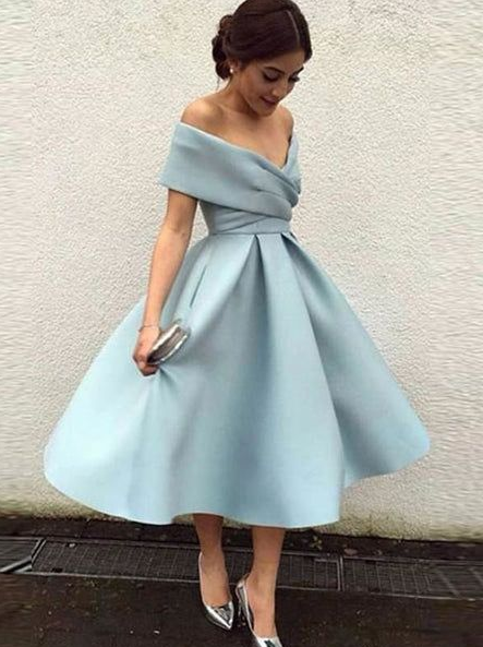Silky Satin Portrait Prom Gown , Blue Women's Maxi Evening Dress Birthday Dress RS2704