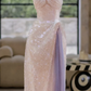 White halterneck sequined waist slim slit purple long dress bridal gown R5809