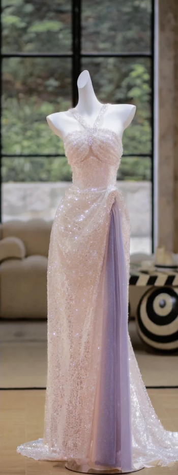 White halterneck sequined waist slim slit purple long dress bridal gown R5809