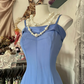 Blue halter-neck fitted long dress, ball gown R6324