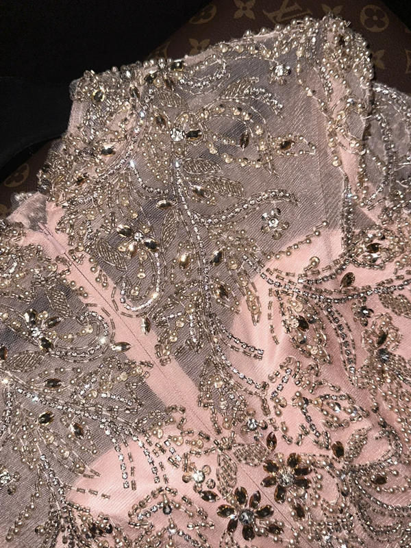 Pink beaded fitted long ball gown with a cinched waist, exuding elegance and fairy-like charm R6963