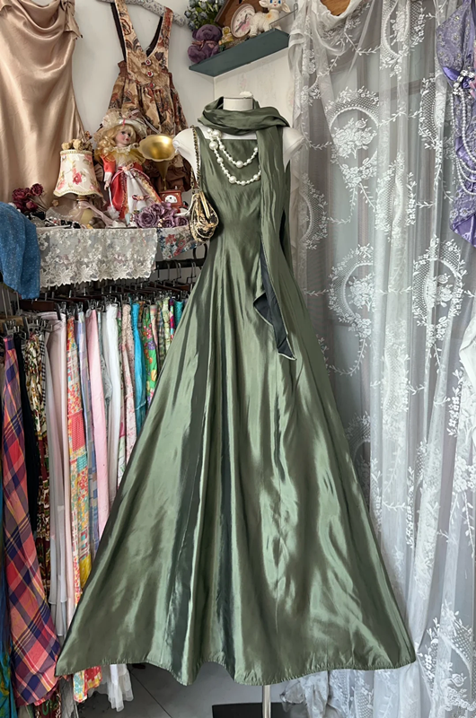 Gray green satin sleeveless waist slim mermaid maxi ball gown R6164