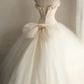 Tea-colored strapless waist-cinching ruched white ballgown long prom dress R7950