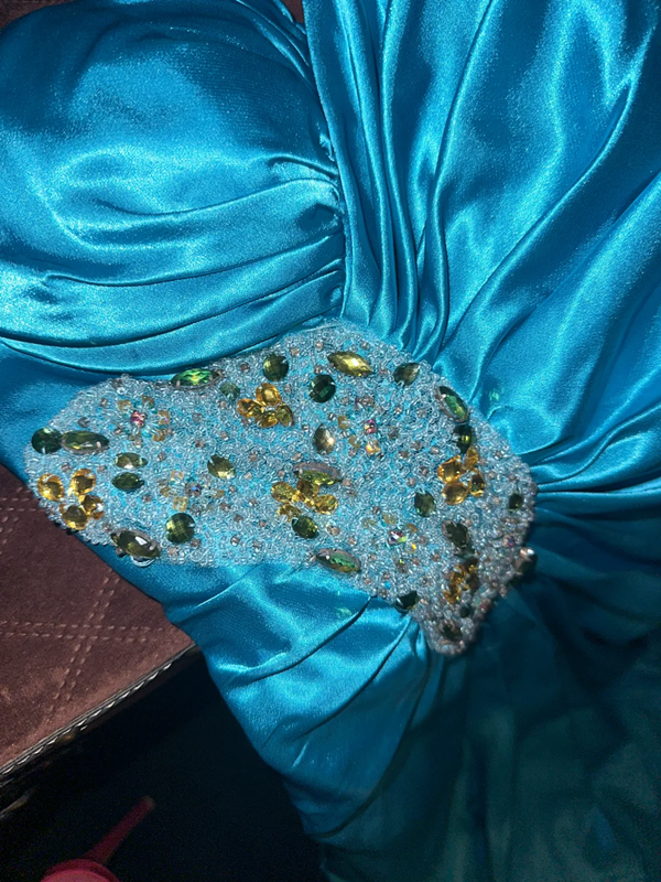 Lake blue one-shoulder fitted waist slim-fit pleated long ball gown R7042