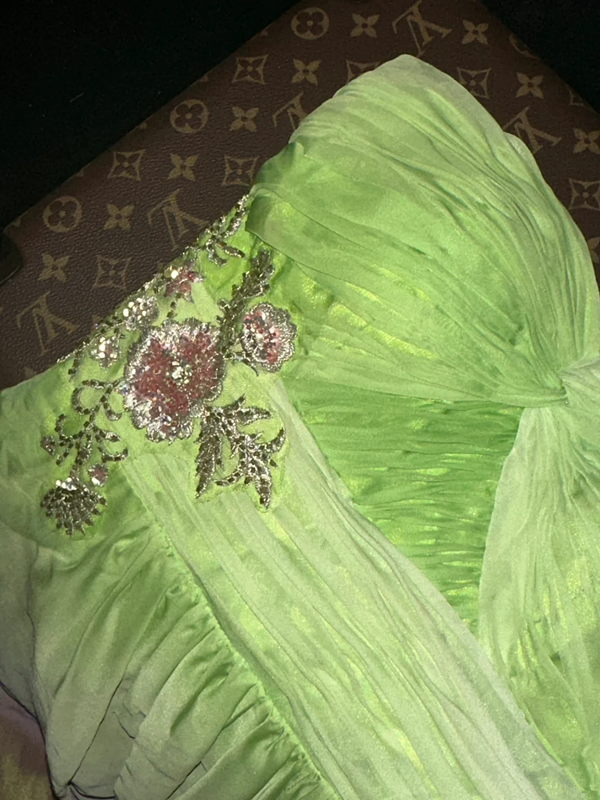 Light green to pink gradient one-shoulder fitted waist long ball gown R7003