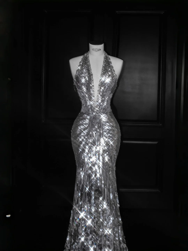 Silver sequined halter neck slim waist hip-hugging maxi skirt, prom dress R5688