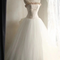 Tea-colored strapless waist-cinching ruched white ballgown long prom dress R7950