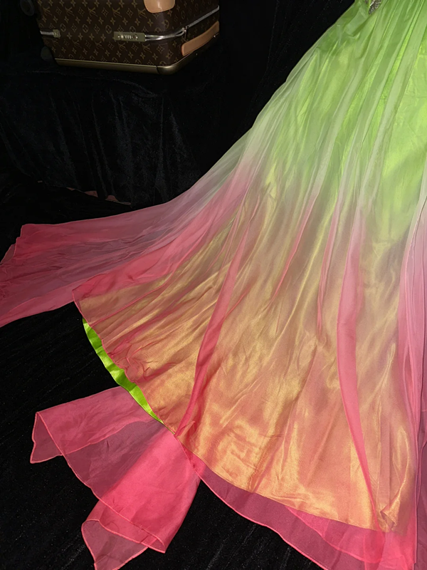 Light green to pink gradient one-shoulder fitted waist long ball gown R7003