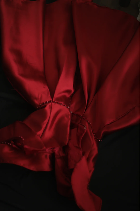 Red halter-neck, ruffled neckline, fitted waist, short ball gown R6724