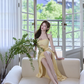 Yellow strapless fitted waist bodycon sexy ball gown R7083
