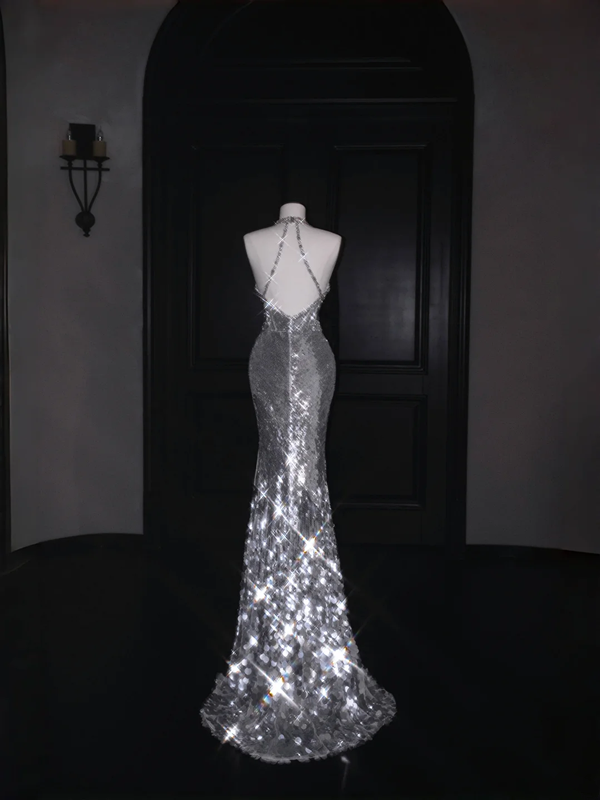 Silver sequined halter neck slim waist hip-hugging maxi skirt, prom dress R5688