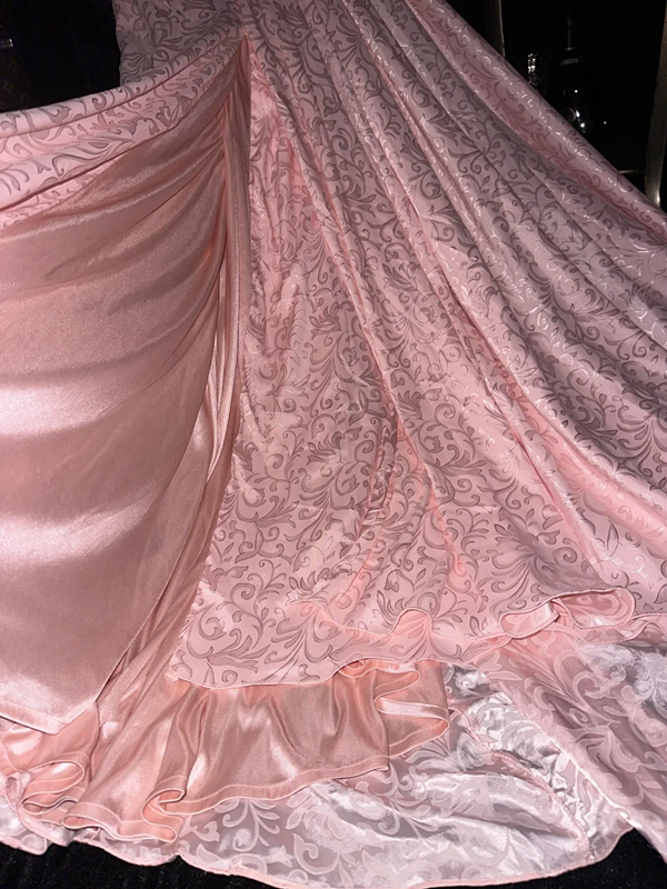 Pink beaded fitted long ball gown with a cinched waist, exuding elegance and fairy-like charm R6963