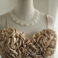 Champagne-colored halter-neck floral neckline satin long ball gown R6842