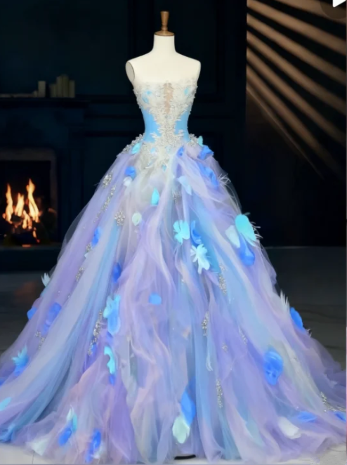 Light blue floral print strapless waist-cinching long ball gown R6563