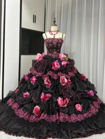 Black halter princess dress with pink floral design, ball gown R6484