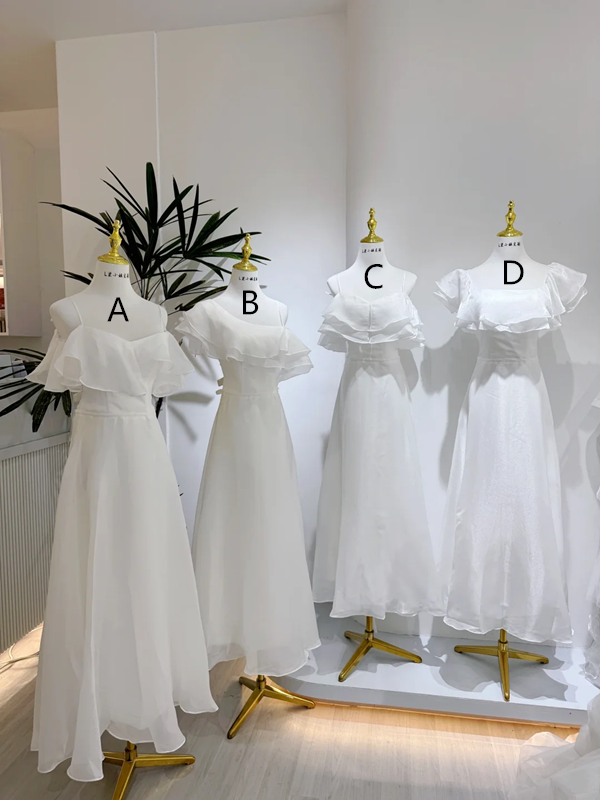 White chiffon waist-cinched, slim-fit and elegant ball gown, bridesmaid dress R5965