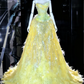 Yellow Spaghetti-Strap Fitted-Waist Slim-Fit Long Prom Dress with an Elegant Feathered Puffy Skirt R6524
