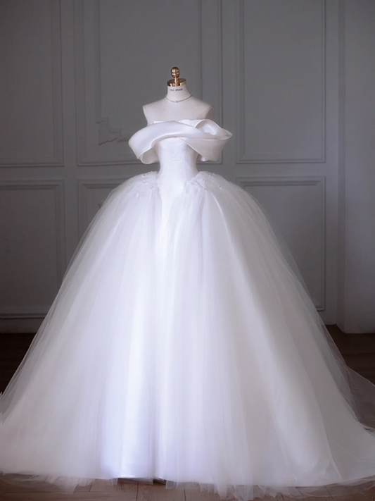 White one-shoulder slim waist puffy skirt elegant long dress bridal dress R5884