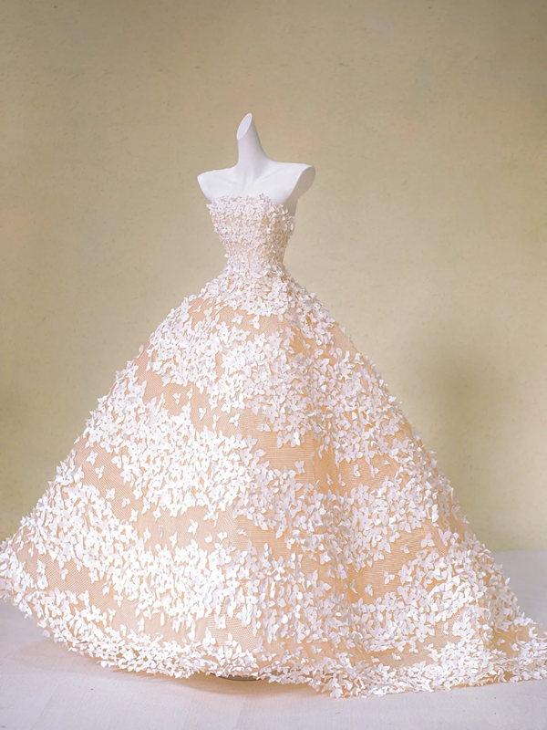 Pink tube top waist slim fit three-dimensional flower puffy skirt princess long dress bridal gown R5731