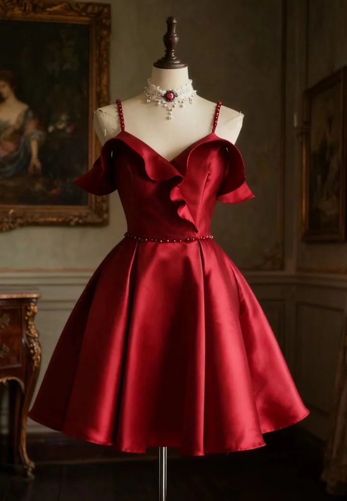 Red halter-neck, ruffled neckline, fitted waist, short ball gown R6724