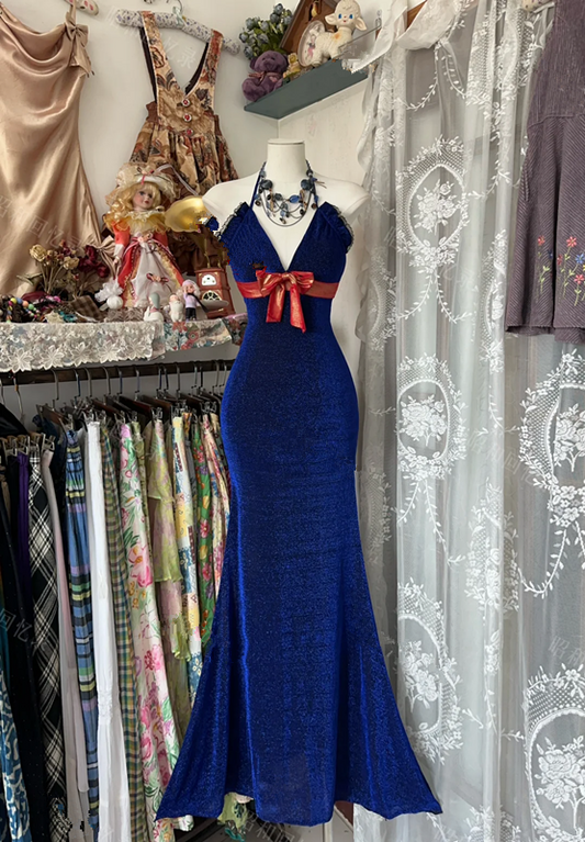 Royal blue halter-neck, fitted, bodycon fishtail gown, prom dress R6363