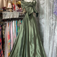 Gray green satin sleeveless waist slim mermaid maxi ball gown R6164