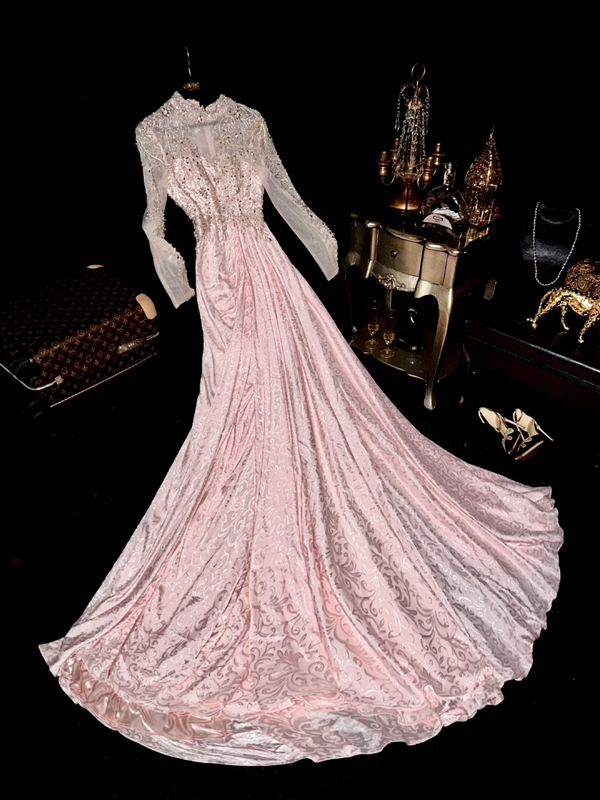 Pink beaded fitted long ball gown with a cinched waist, exuding elegance and fairy-like charm R6963
