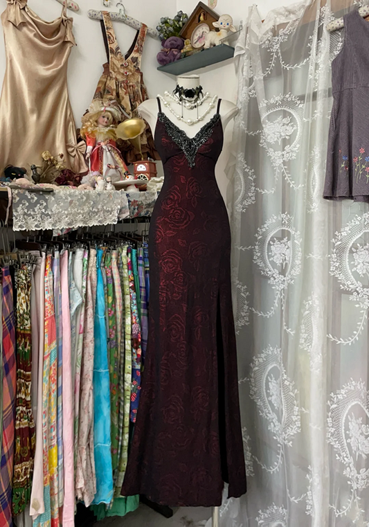 Dark red suspender lace trim waist slim sexy long skirt prom dress R6205