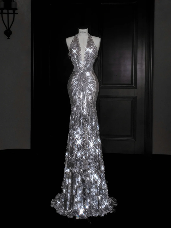 Silver sequined halter neck slim waist hip-hugging maxi skirt, prom dress R5688