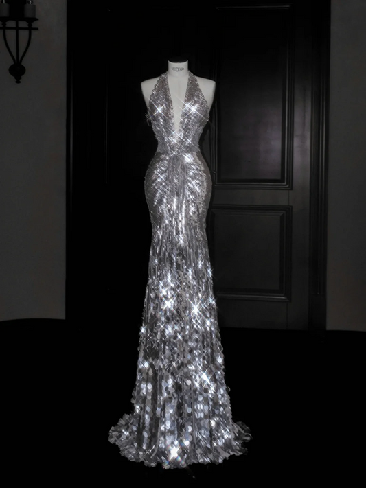 Silver sequined halter neck slim waist hip-hugging maxi skirt, prom dress R5688