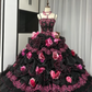 Black halter princess dress with pink floral design, ball gown R6484