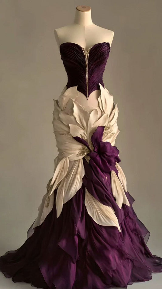 Elegant dress stitching color purple and white waist slim pleated hip fishtail long skirt, prom dress R5326