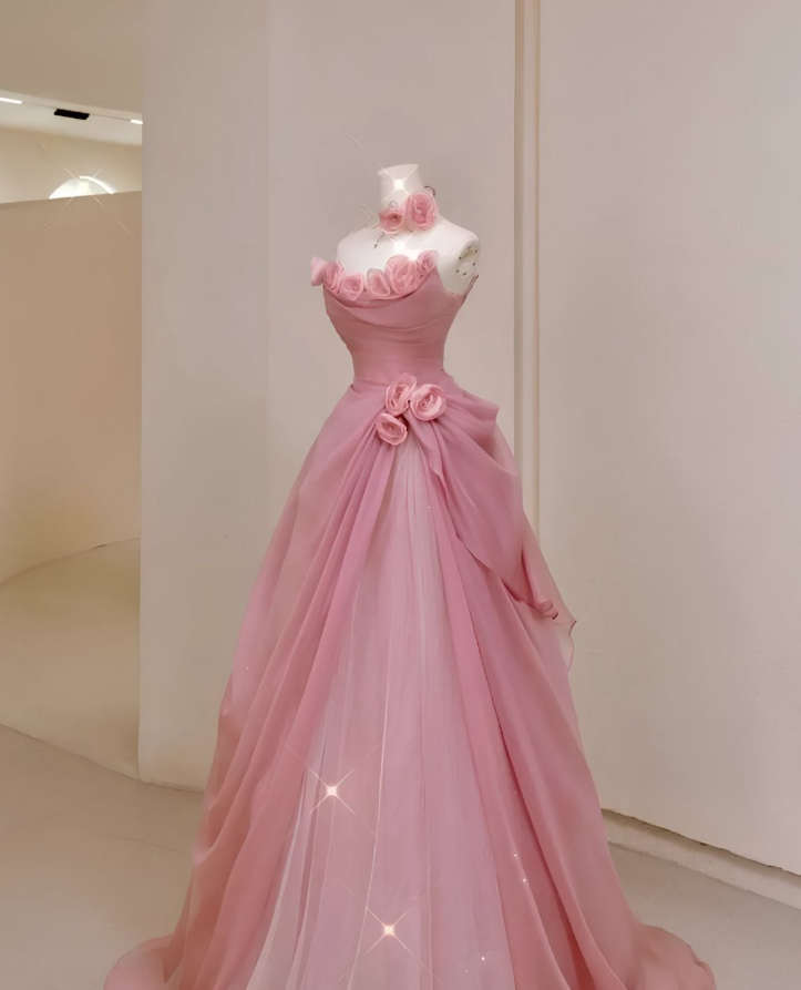 Sweet Pleated Applique Prom Gown Pink Women's Maxi Evening Dress Birthday Dress RS2820