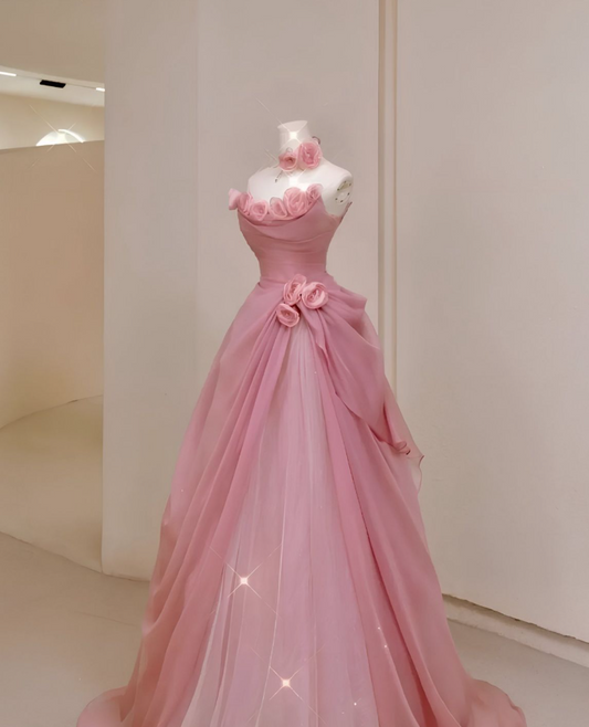 Sweet Pleated Applique Prom Gown Pink Women's Maxi Evening Dress Birthday Dress RS2820