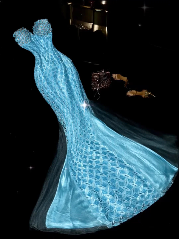 Blue strapless rhinestone-embellished fitted mermaid long ball gown R6404