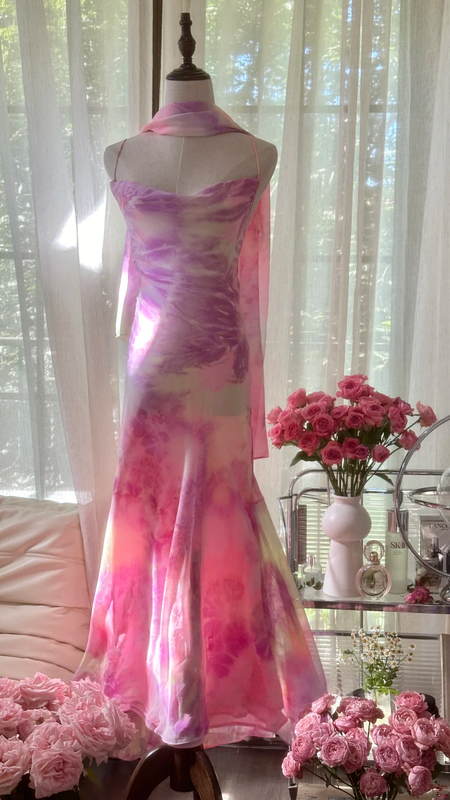 Light pinkish purple halter-neck fitted fishtail long ball gown R7791