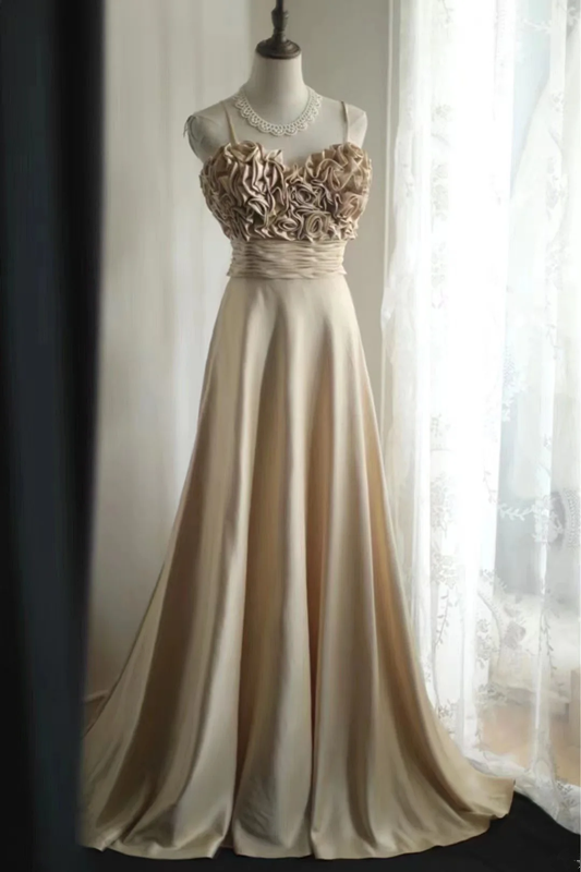 Champagne-colored halter-neck floral neckline satin long ball gown R6842