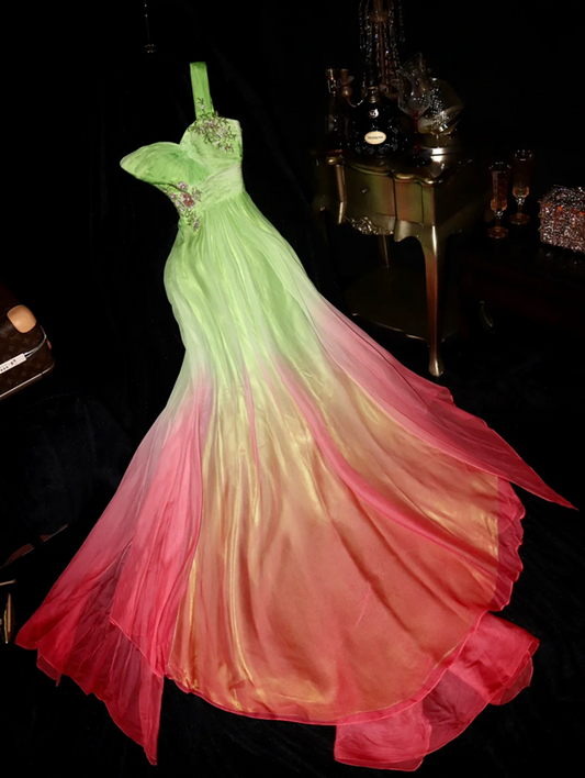 Light green to pink gradient one-shoulder fitted waist long ball gown R7003